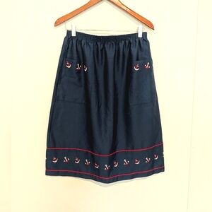 Vintage Blue Embroidered Nautucal Skirt 70s Pockets Pull On M/L